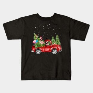 Christmas Three Flamingo Ride Red Truck Xmas Santa Hat Kids T-Shirt